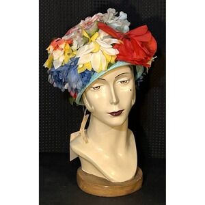 NWT Vintage 1950s 60s  Flower Pot Multi-colored Floral Fabric Dome Shaped Hat